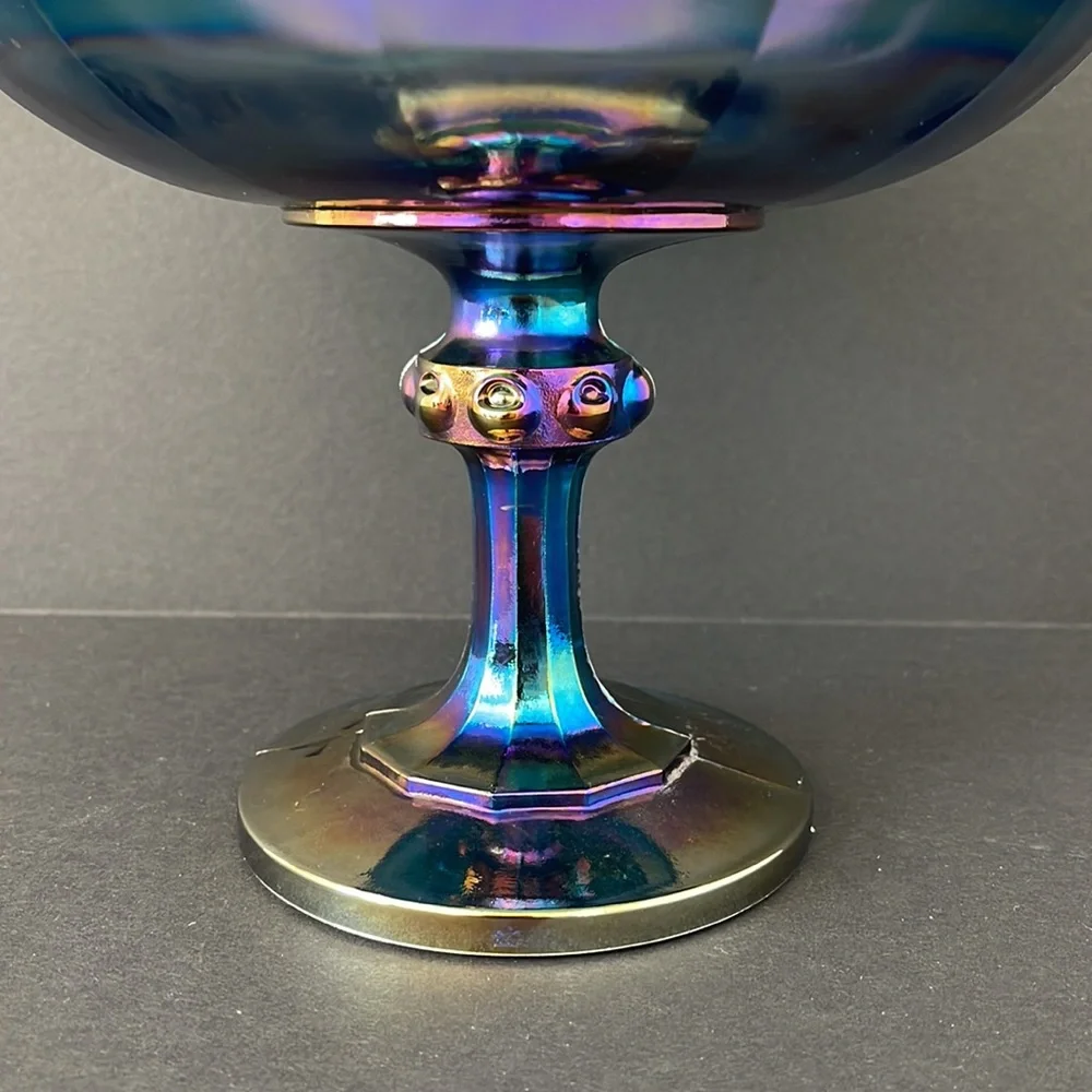 Indiana Glass Peacock Blue Carnival Glass with Garland Pedestal Bowl‎